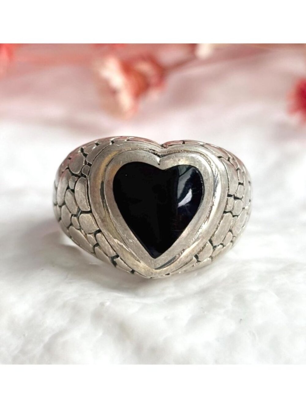 Heart Black Onyx Tortoise Shell Pattern Sterling Silver 925 Vintage Ring sz 6.5